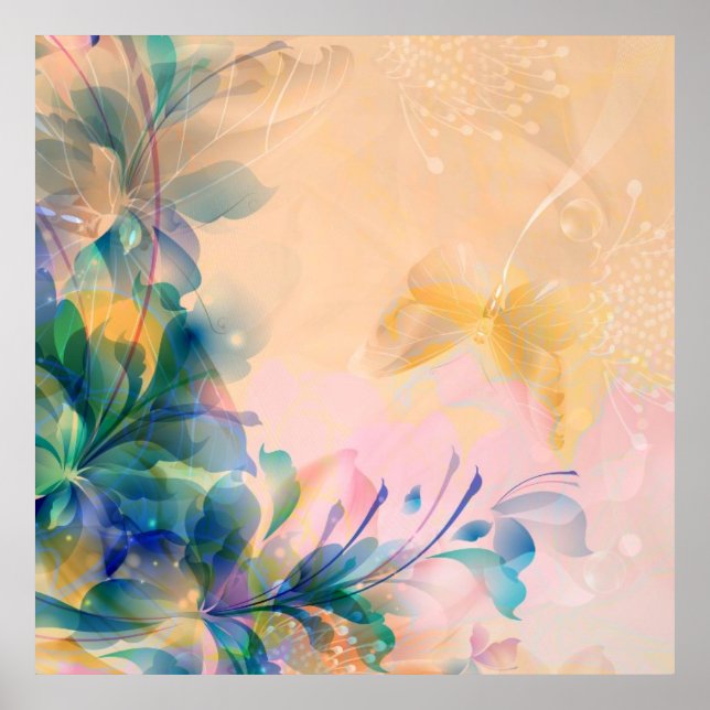 Poster Abstrait Floral Arrière - plan Bleu Et Beige (Devant)