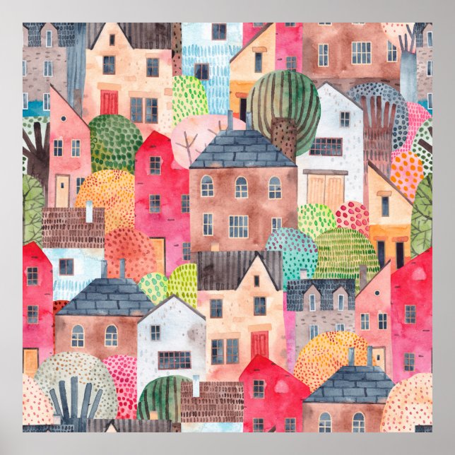 Poster Abstrait motif sans couture avec maisons. Aquarell (Devant)