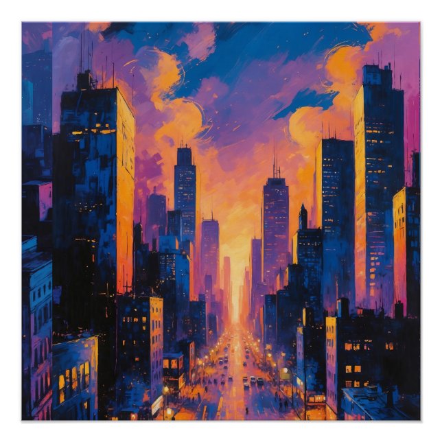 Poster Abstrait Neon City Skyline Sunset Art numérique lu (Devant)