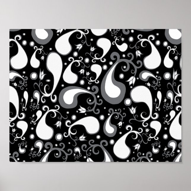 Poster Abstrait noir et blanc Tulip Paisley Floral (Devant)