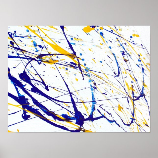 Poster Abstrait plateau de peinture bleu et jaune (Devant)