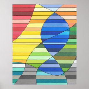 Poster Abstrait rayé avec des formes jaunes et bleues
