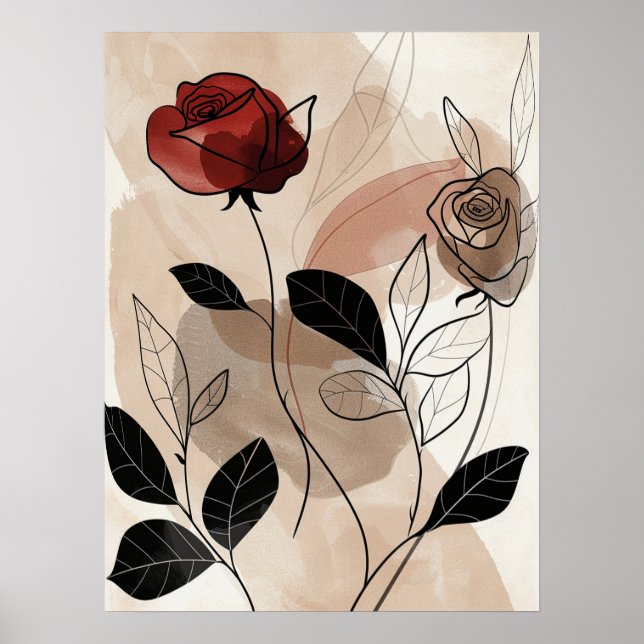 Poster Abstrait Red Black Roses Green feuilles Line Art (Devant)