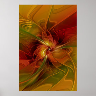 Poster Abstrait Rouge Orange Brown Vert Fractal Art Flowe