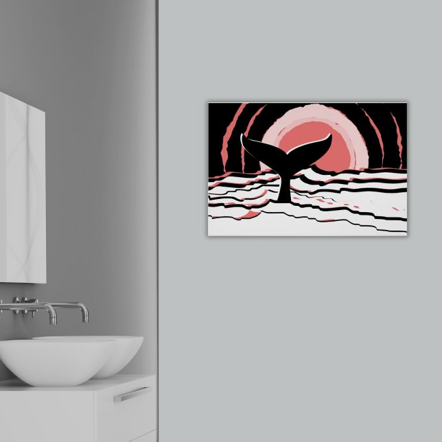 Poster Abstrait Sunset Swim Whale Fin Océan (Abstract Pink Sunset Silhouette of Whale Fin Ocean Poster, Bathroom)