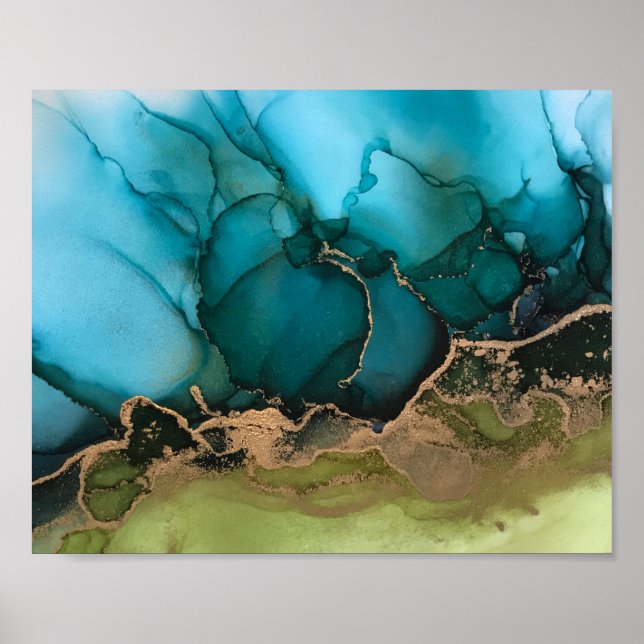 Poster Abstrait Turquoise Aqua Green Black Gold (Devant)