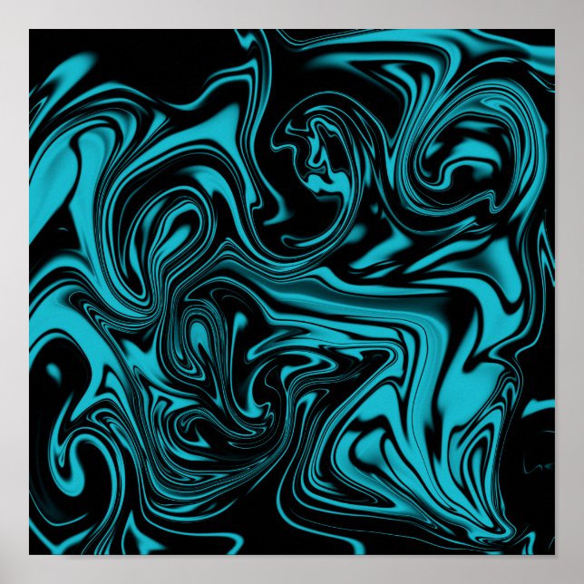 Poster Abstrait Turquoise Et Black Liquid Art (Devant)