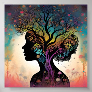 Poster Abstraite Dame Mère Nature Arbres Et Fleurs,