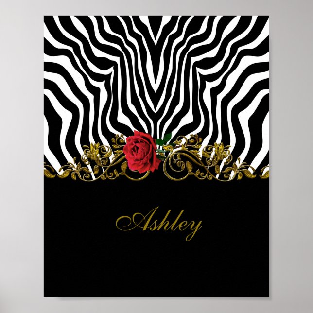 Poster Abstraite Fleur Zèbre Rouge Noir Blanc Or (Devant)