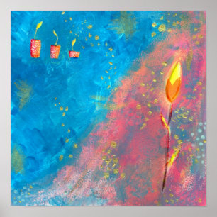 Poster Abstraite peinture bleu mer bougies couleurs vives