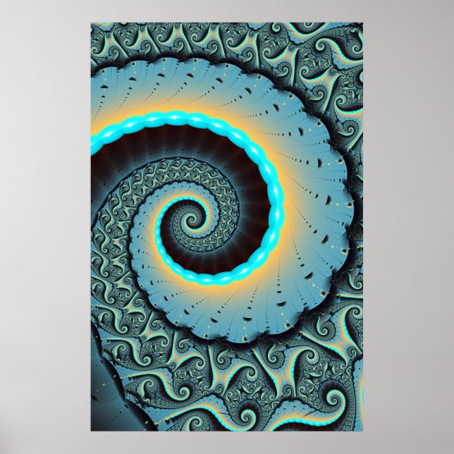 Poster Abstraite spirale d'art fractal bleu turquoise ora (Devant)