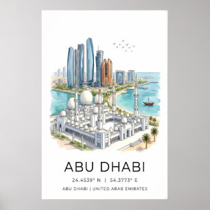 Poster Abu Dhabi Art Print Skyline avec Grande Mosquée et