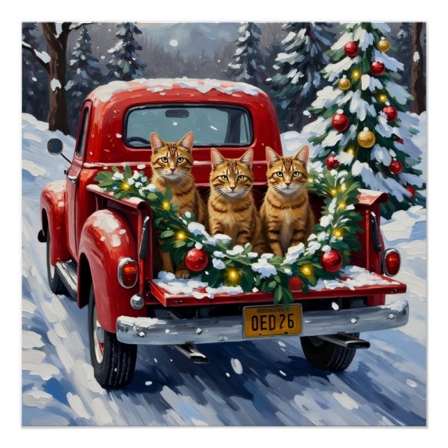 Poster Abyssinian Cat Christmas Red Truck Holiday (Devant)