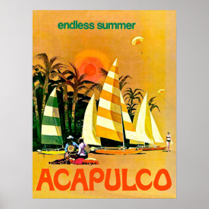 Poster Acapulco, bateaux à voile sans fin sur la côte en 