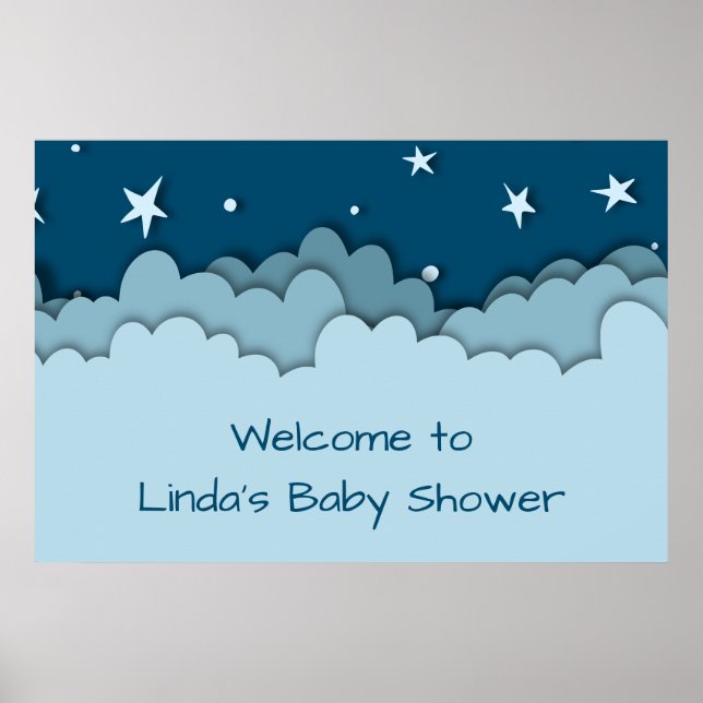 Poster Accueil Baby shower des étoiles et nuages Bleus (Devant)