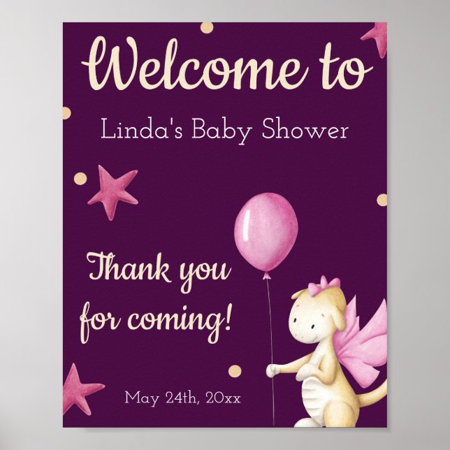 Poster Accueil Baby shower Dragon Rose Cute (Devant)
