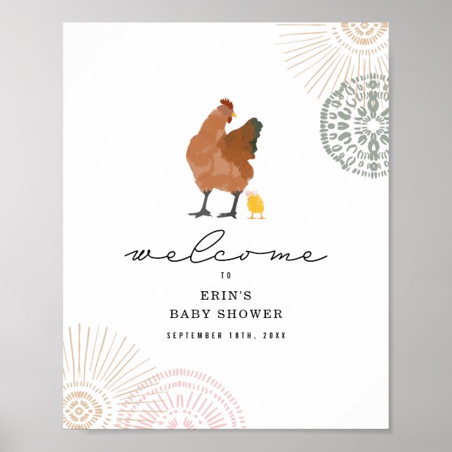 Poster Accueil Baby shower fille poule rose (Devant)