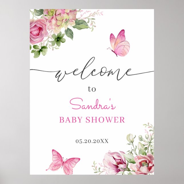 Poster Accueil Baby shower papillon aquarelle (Devant)