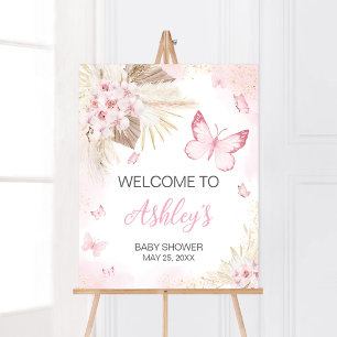 Poster Accueil Baby shower papillon rose