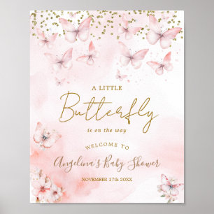 Poster Accueil Baby shower papillon rose