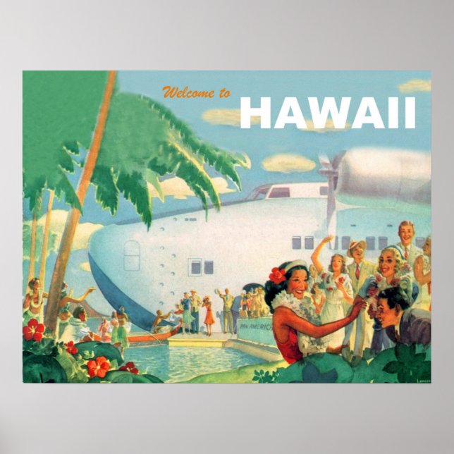 Poster Accueil chaleureux de Hawaii, voyage aérien vintag (Devant)