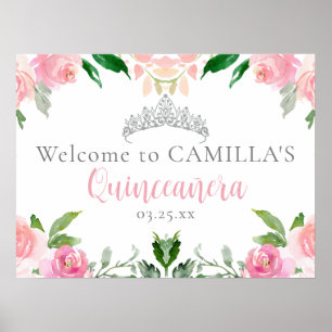 Poster Accueil Chic Pink Floral Quinceañera