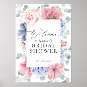 Poster Accueil de la douche de mariage florale bleu et ro