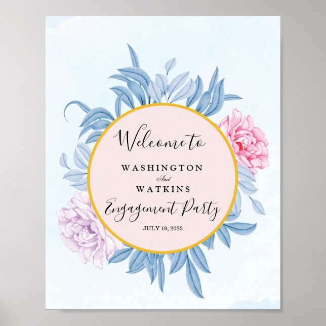 Poster Accueil de la fête d'engagement en aquarelle bleu  (Devant)