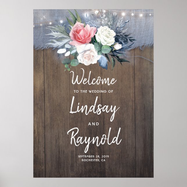 Poster Accueil de Mariage campagnard rustique bleu outrem (Devant)