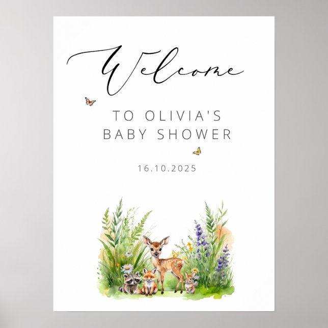 Poster Accueil du Baby shower Animaux forestiers enchanté (Devant)