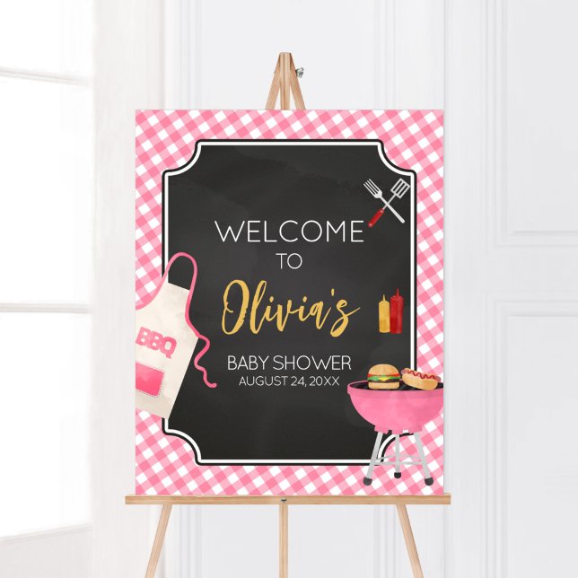 Poster Accueil du Baby shower BBQ En vichy rose (Girl Baby-Q Baby Shower Welcome Sign)