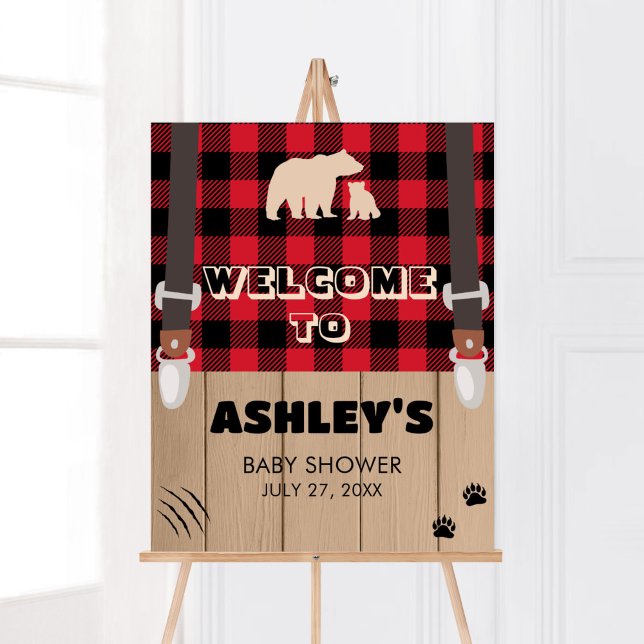 Poster Accueil du Baby shower de bûcheron rouge rustique (Plaid Lumberjack Baby Shower Welcome Sign)