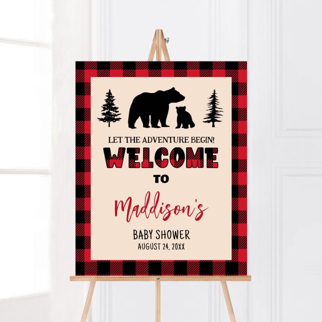 Poster Accueil du Baby shower de bûcherons d'ours plaid (Bear Cub Plaid Lumberjack Baby Shower Welcome Sign)