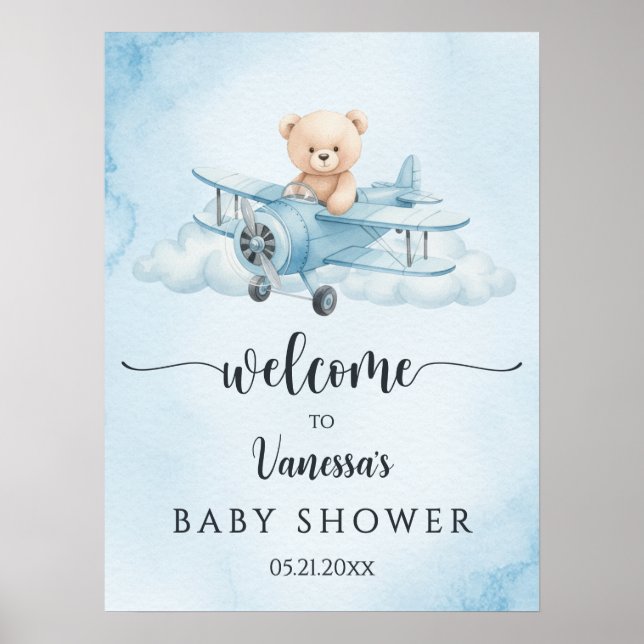 Poster Accueil du Baby shower pilote d'ours en peluche (Devant)
