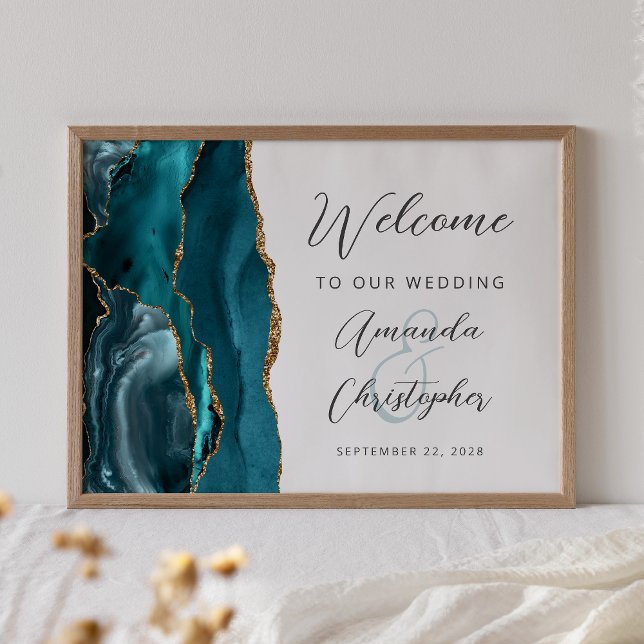 Poster Accueil du Mariage Agate Turquoise Gold Script (Créateur téléchargé)