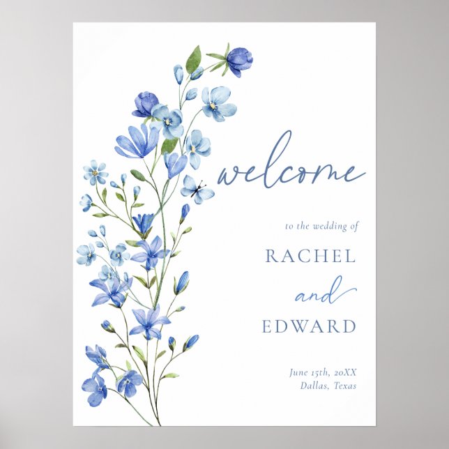 Poster Accueil du Mariage Floral bleu Dusty (Devant)