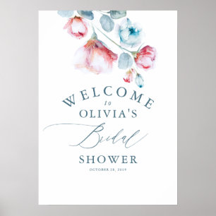 Poster Accueil élégant de Baby Shower Bleu Floral Poussié