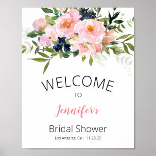 Poster Accueil floral rose et bleu