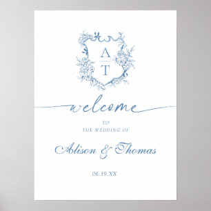 Poster Accueil Mariage bleu monogramme classique