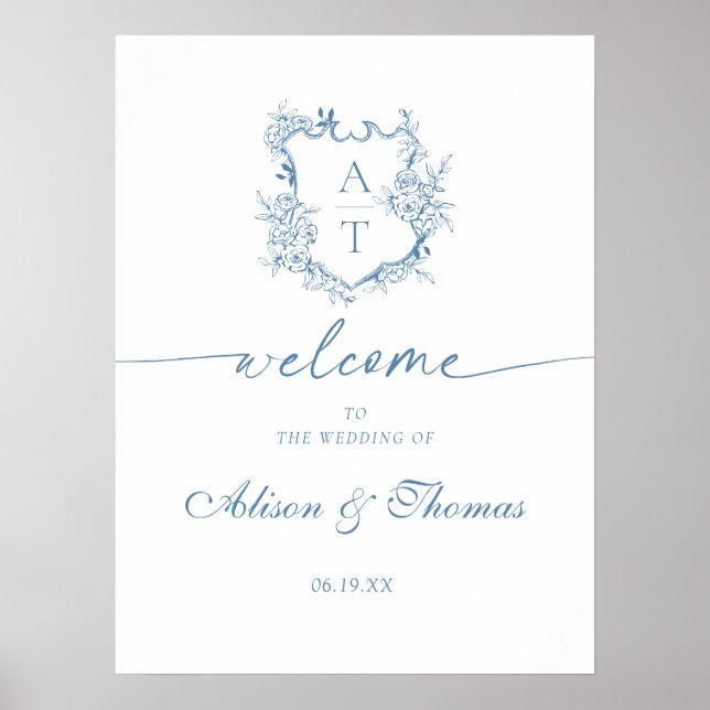 Poster Accueil Mariage bleu monogramme classique (Devant)
