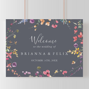 Poster Accueil Mariage classique bleu sauvage à fleurs