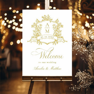Poster Accueil Mariage classique Floral Crest Gold