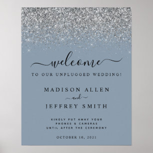 Poster Accueil Mariage débranché bleu et argent Dusty