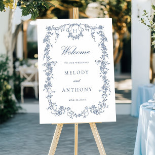 Poster Accueil Mariage Floral Bleu Français Classique