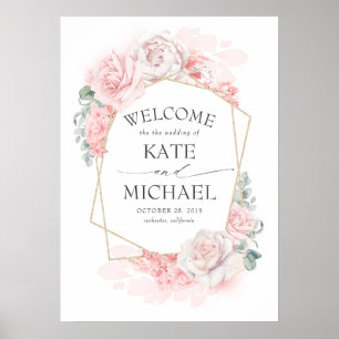 Poster Accueil Mariage floral rose et bleu