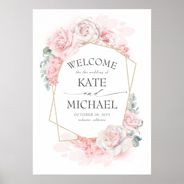 Poster Accueil Mariage floral rose et bleu (Devant)