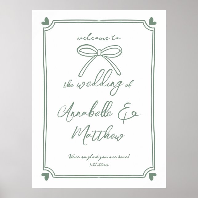 Poster Accueil Mariage Whimsical de Bow vert tiré main (Devant)