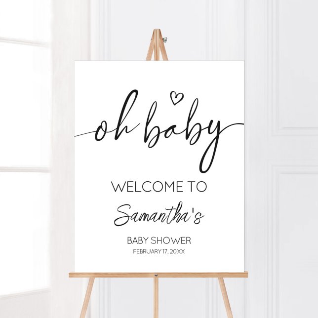 Poster Accueil minimaliste noir et blanc (White Minimalist Heart Baby Shower Welcome Sign)
