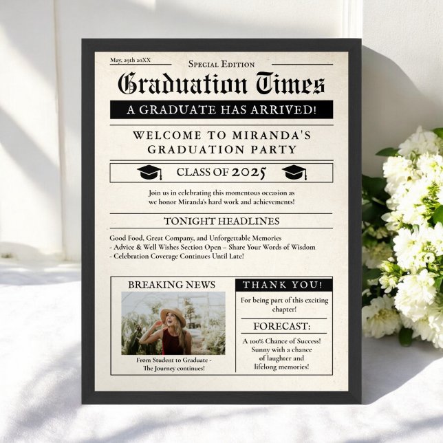 Poster Accueil - Photo du journal vintage (Vintage Newspaper Photo Graduation Welcome Poster)