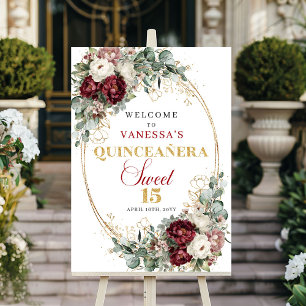 Poster Accueil Quinceañera floral eucalyptus or rouge pro